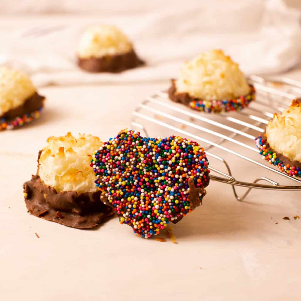 Chocolate Dipped Coconut Macaroons with sprinkles