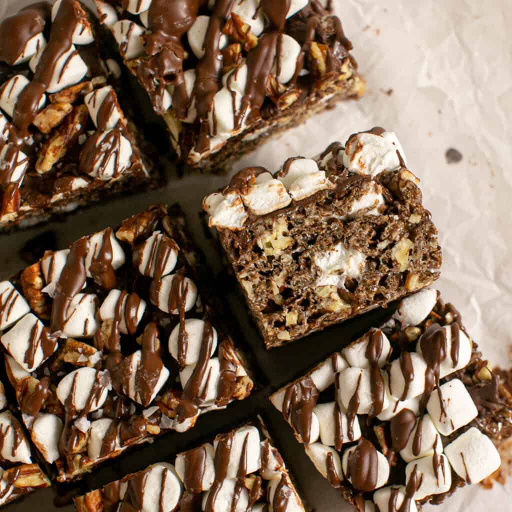 a side view of the rocky road marshmallow rice treats