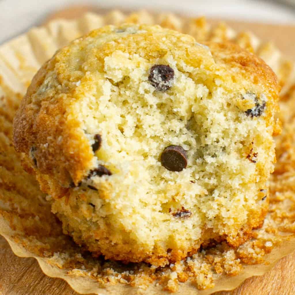a close up shot of the chocolate chip muffins with a bite taken out! 