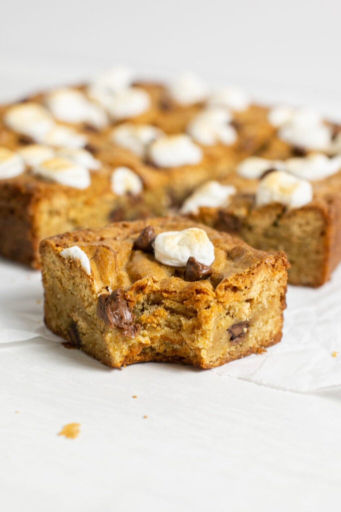 a bite shot of the s'mores blondies 