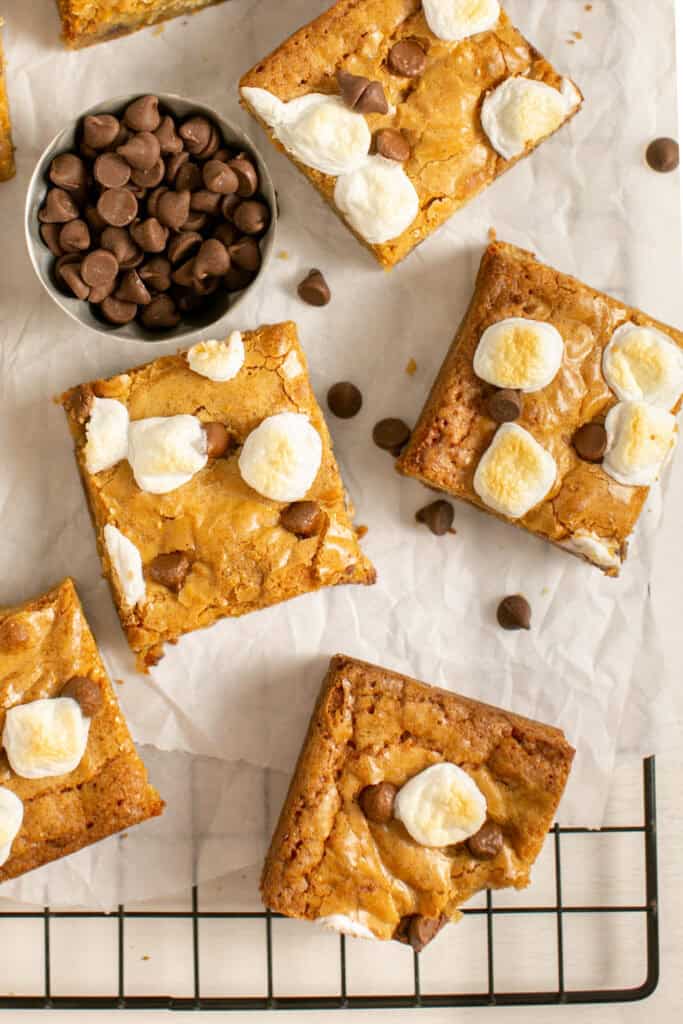 A picture showing the s'mores blondies sitting on a cooling rack