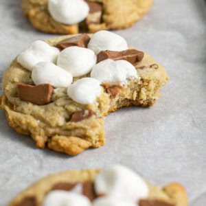a picture of the s'mores cookies with one bite taken out of it.