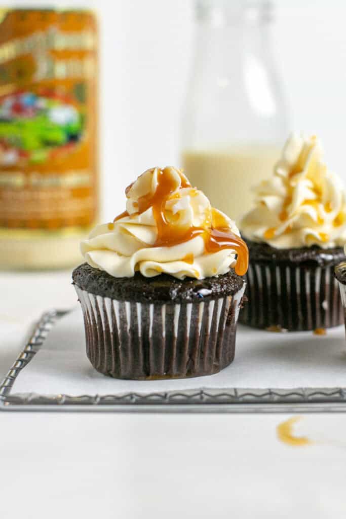 A picture of the salted caramel cupcakes with a drip of caramel coming off of the frosting
