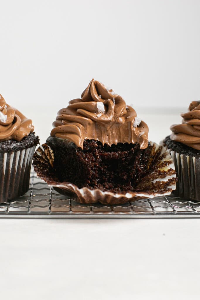 The chocolate Nutella Cupcakes with a bite taken out.