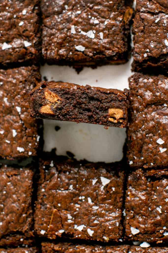 An overhead shot of the browned butter brownies showing the inside of the brownie.
