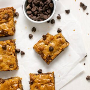 an overhead shot of the chocolate chip blondies sitting by a cup of chocolate chips