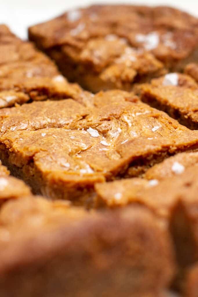 An overhead shot showing the peanut butter swirl on the blondies. 