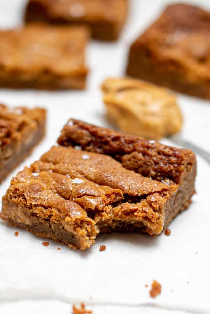 A close up shot showing the blondies with a bite missing. 