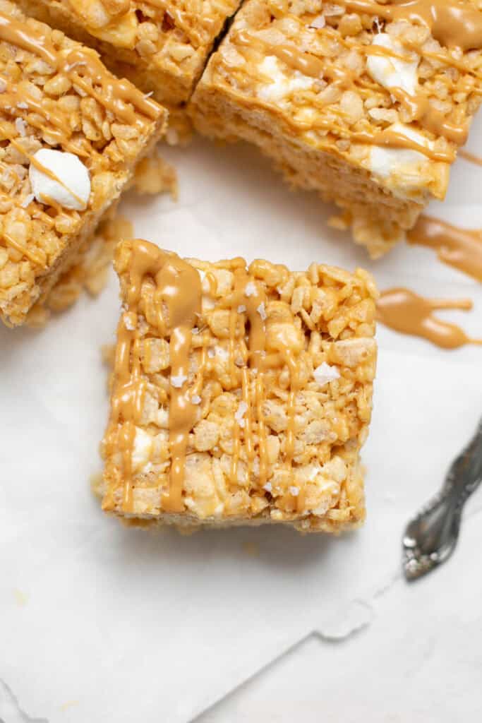 the peanut butter marshmallow bars cut into squares.