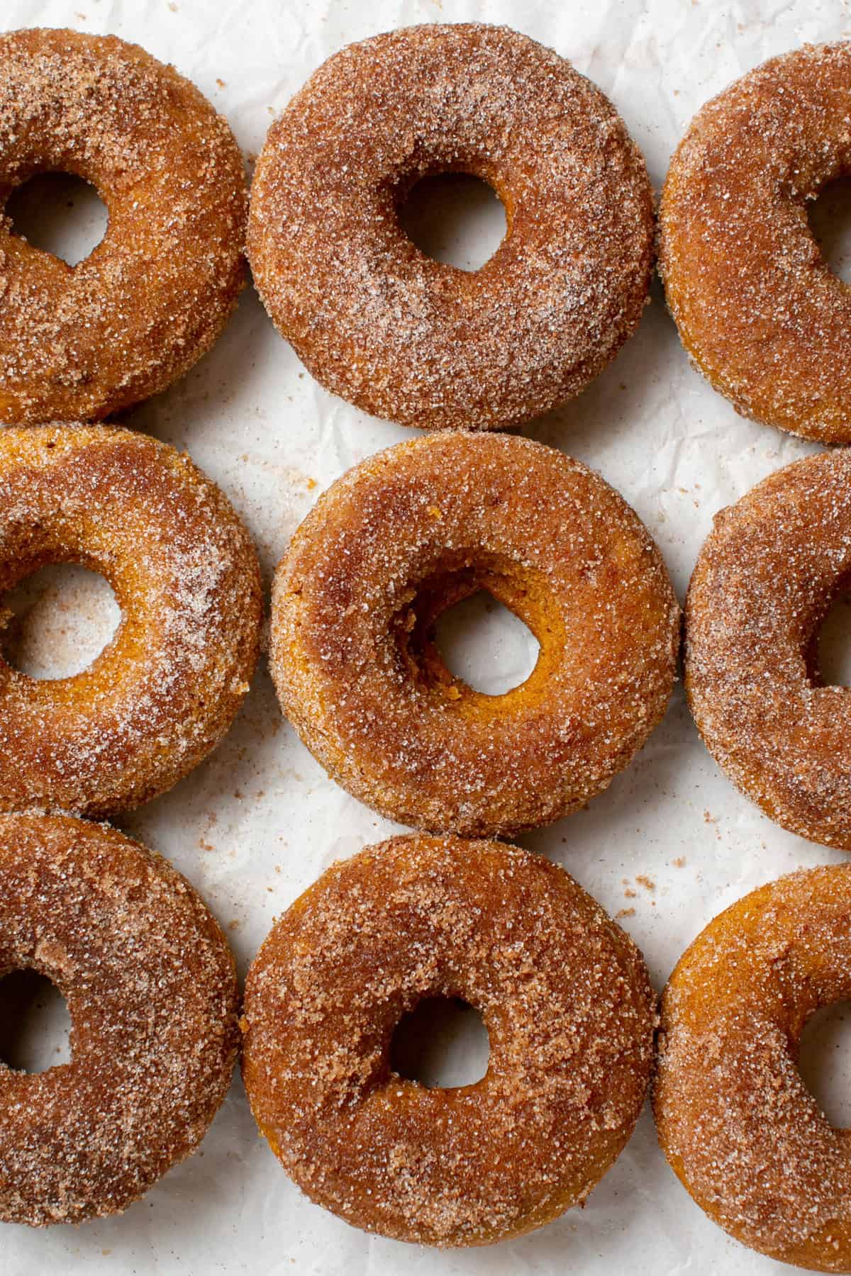 the cinnamon sugar pumpkin donuts sitting on a piece of parchment paper.