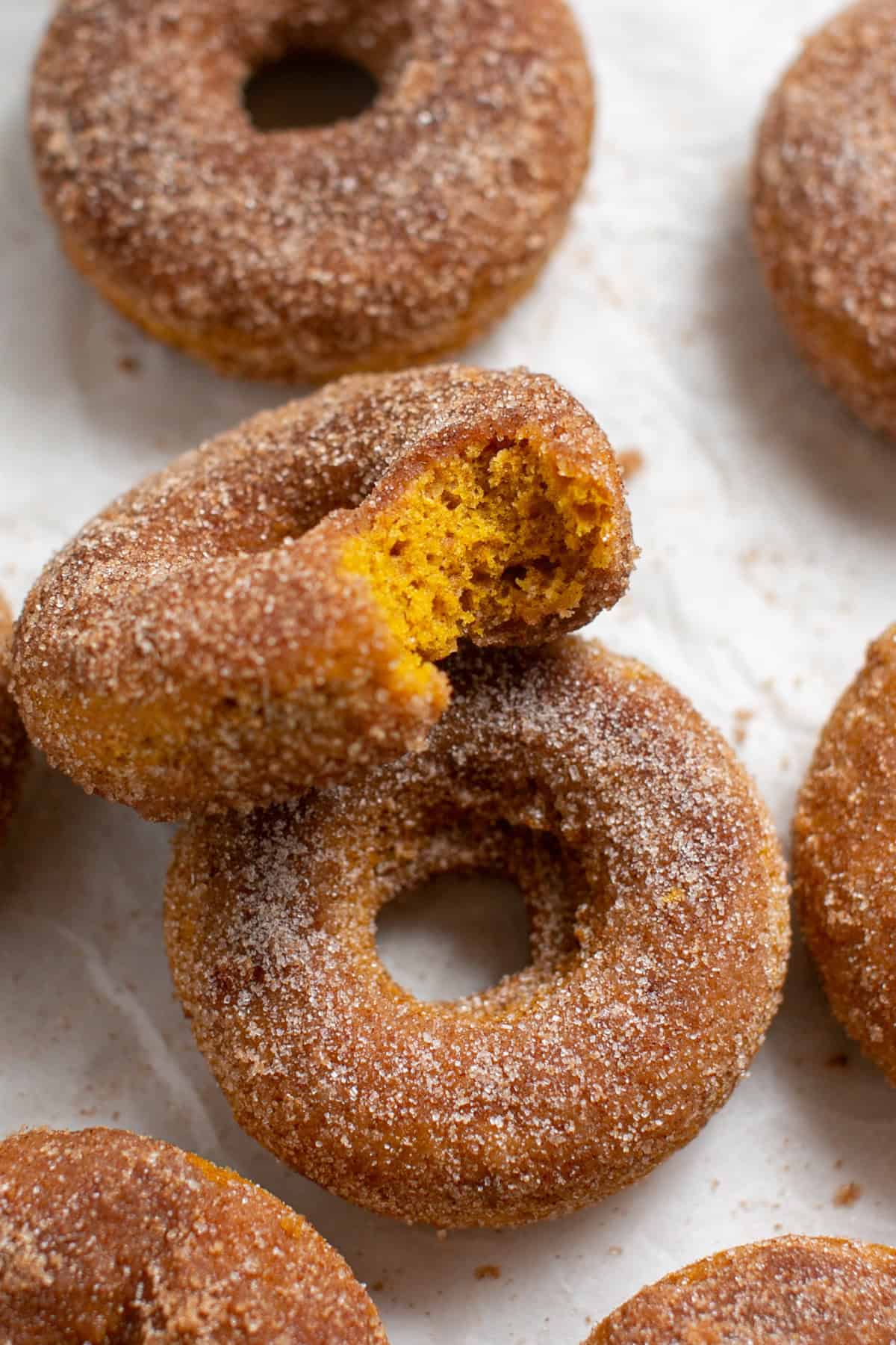 a close up shot of the pumpkin donuts with a bite taken out.