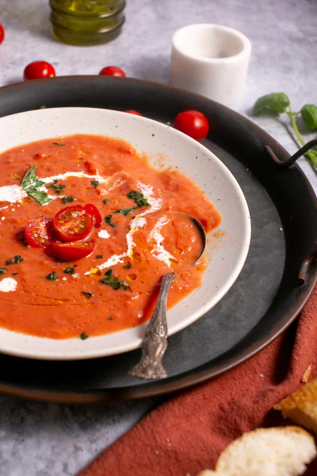 Tomato soup in white bowl 