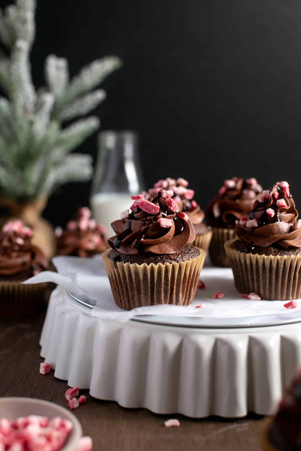 peppermint mocha cupcakes on white stand