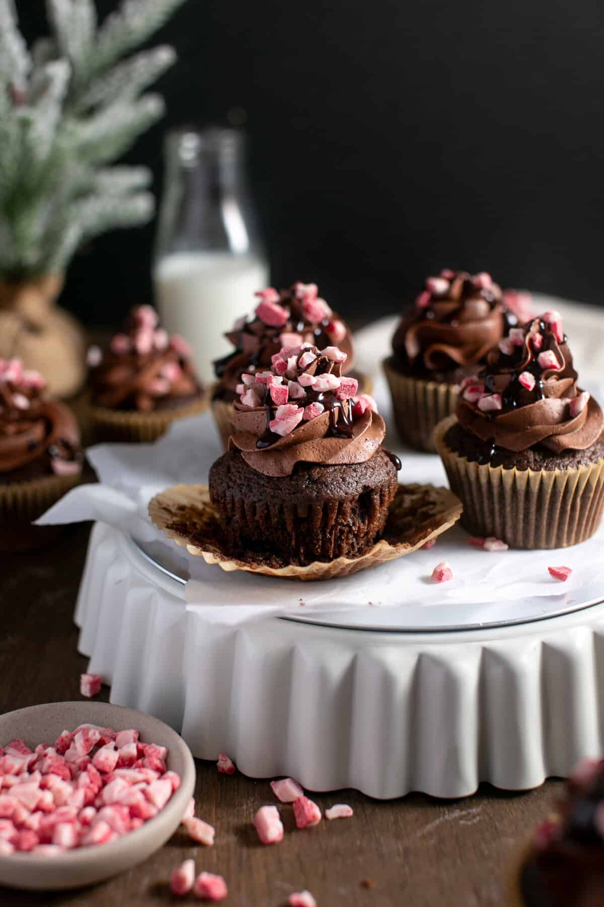 Peppermint Mocha Cupcakes with cupcake liner unwrapped.