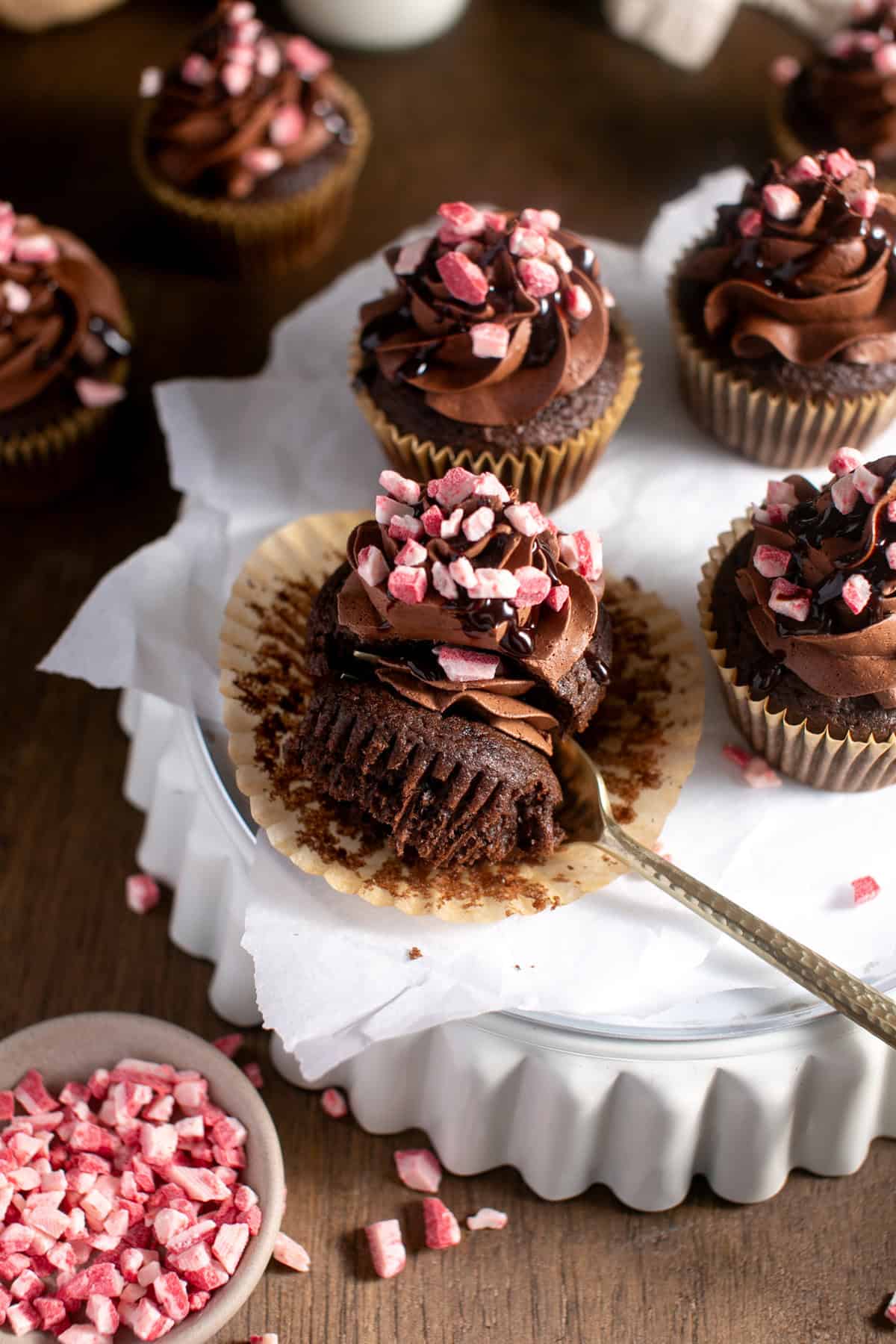 Peppermint Mocha Cupcakes with a fork cutting a bite.