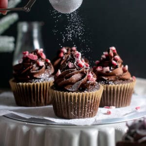 Peppermint Mocha cupcakes with a sprinkle of powdered sugar.
