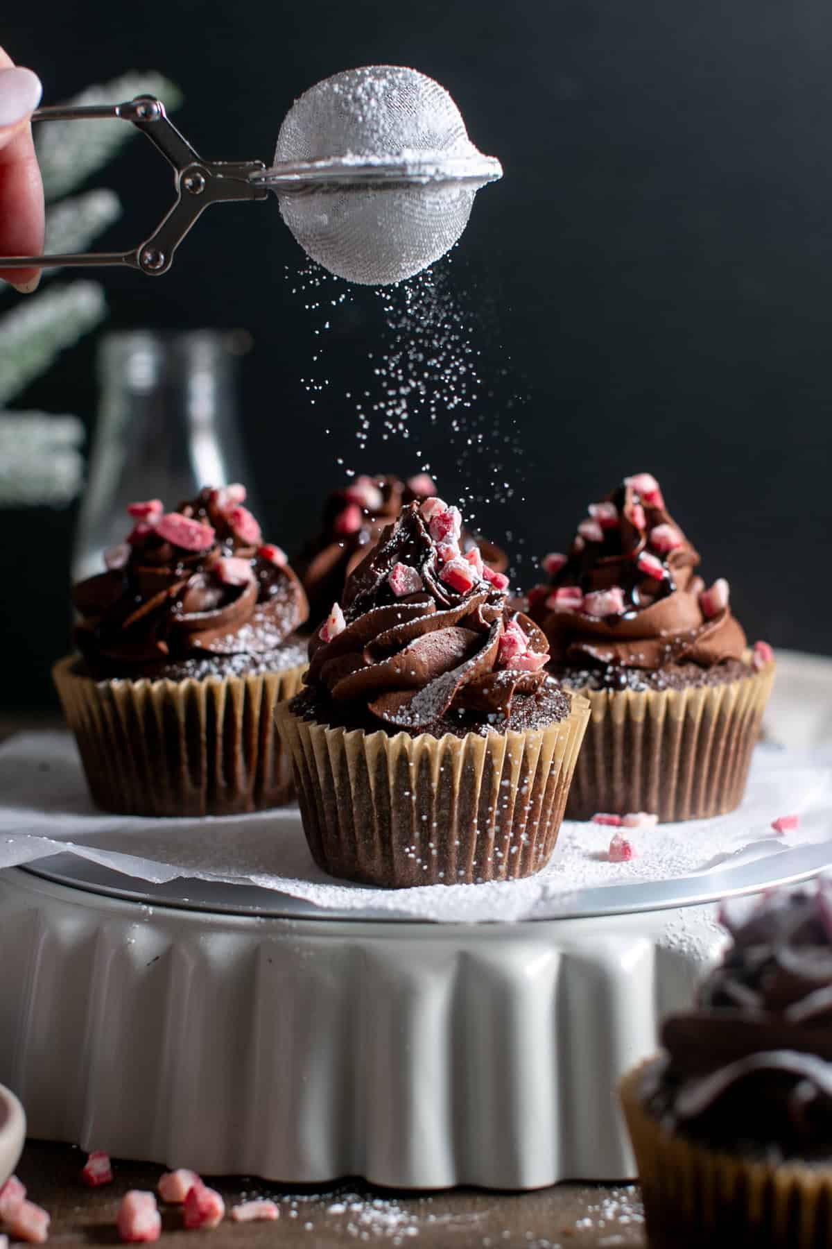 Peppermint Mocha Cupcakes with a sprinkle of powdered sugar.