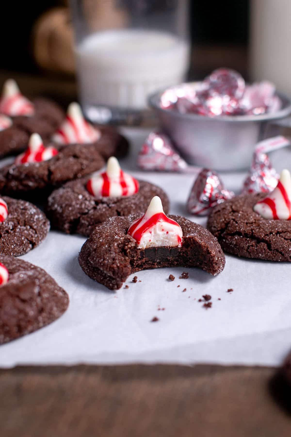 Chocolate Peppermint Blossoms with a bite taken out.