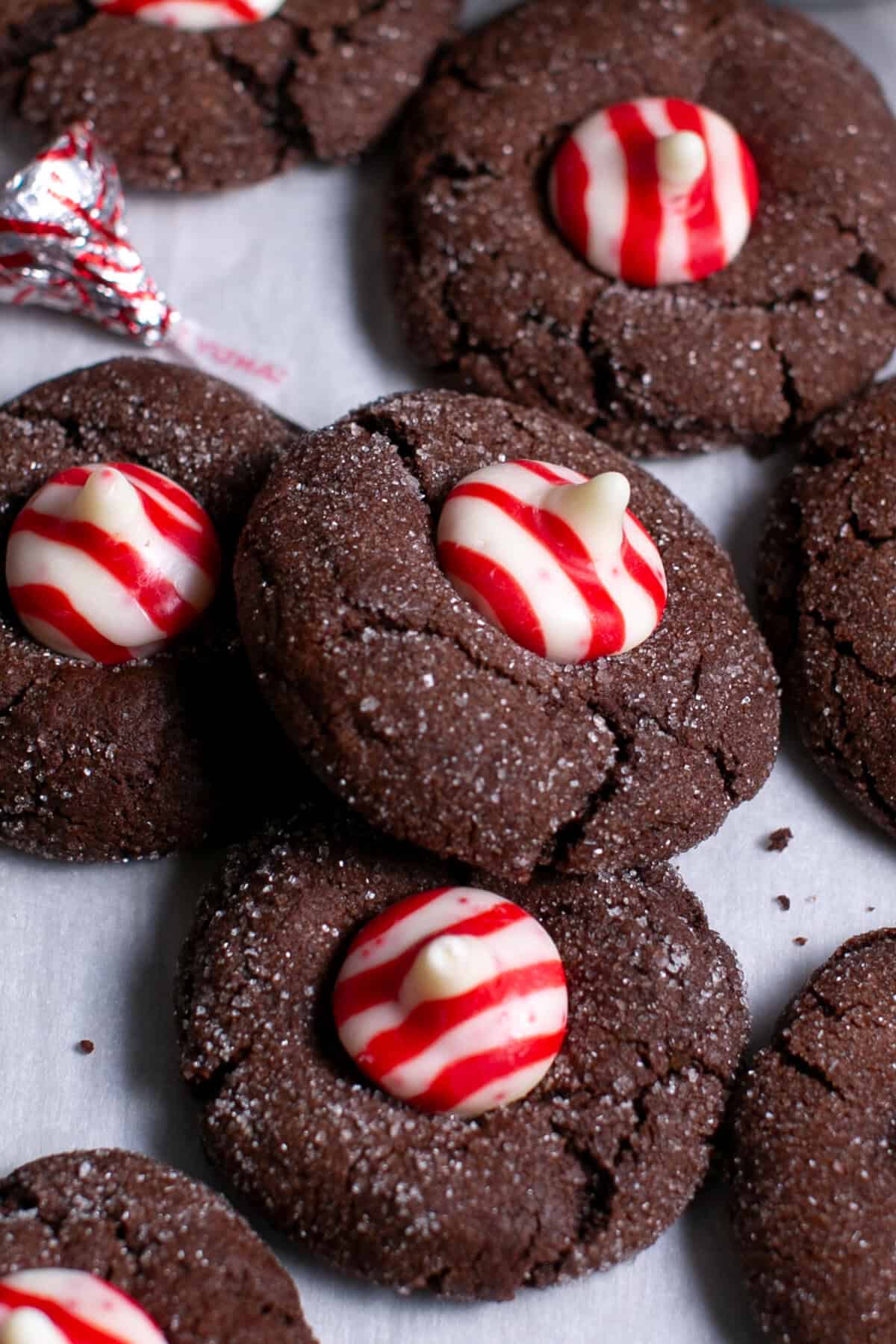 Chocolate Peppermint Blossoms on parchment paper. 