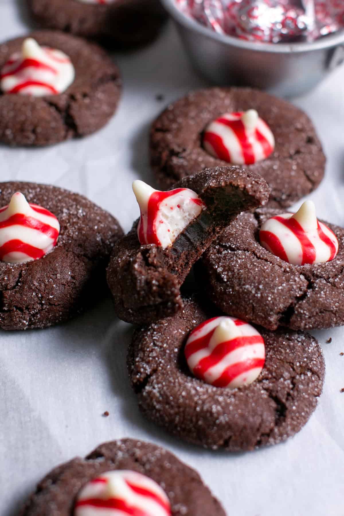 Chocolate Peppermint Blossoms with a bite missing.