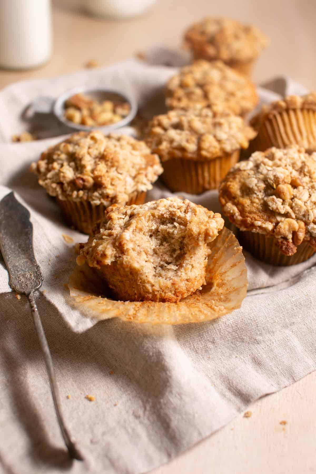 Banana Nut Muffin with a bite missing. 