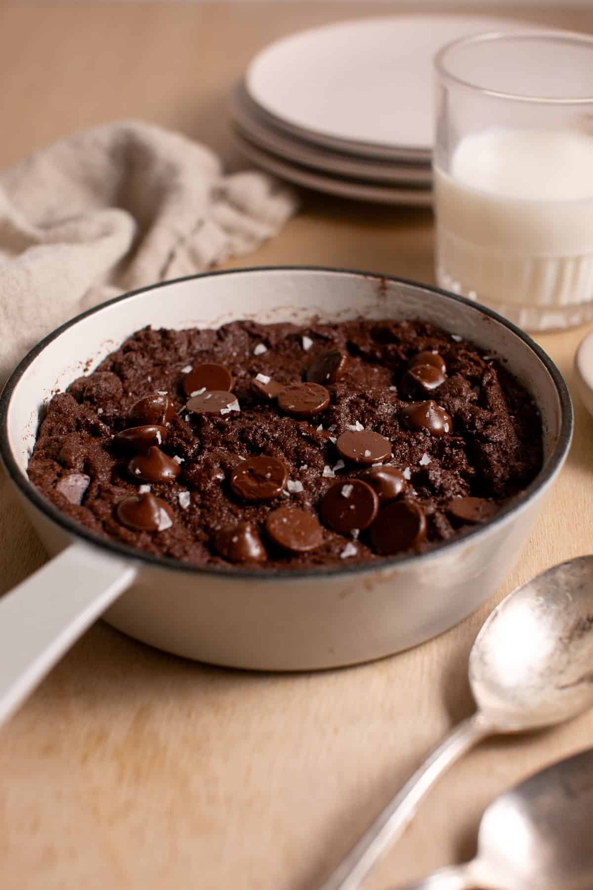 Double Chocolate Skillet Cookie with flakey salt on top.