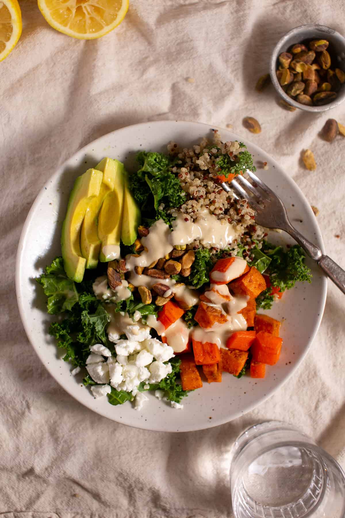 Sweet Potato Tahini Salad with a fork scooping a bite.