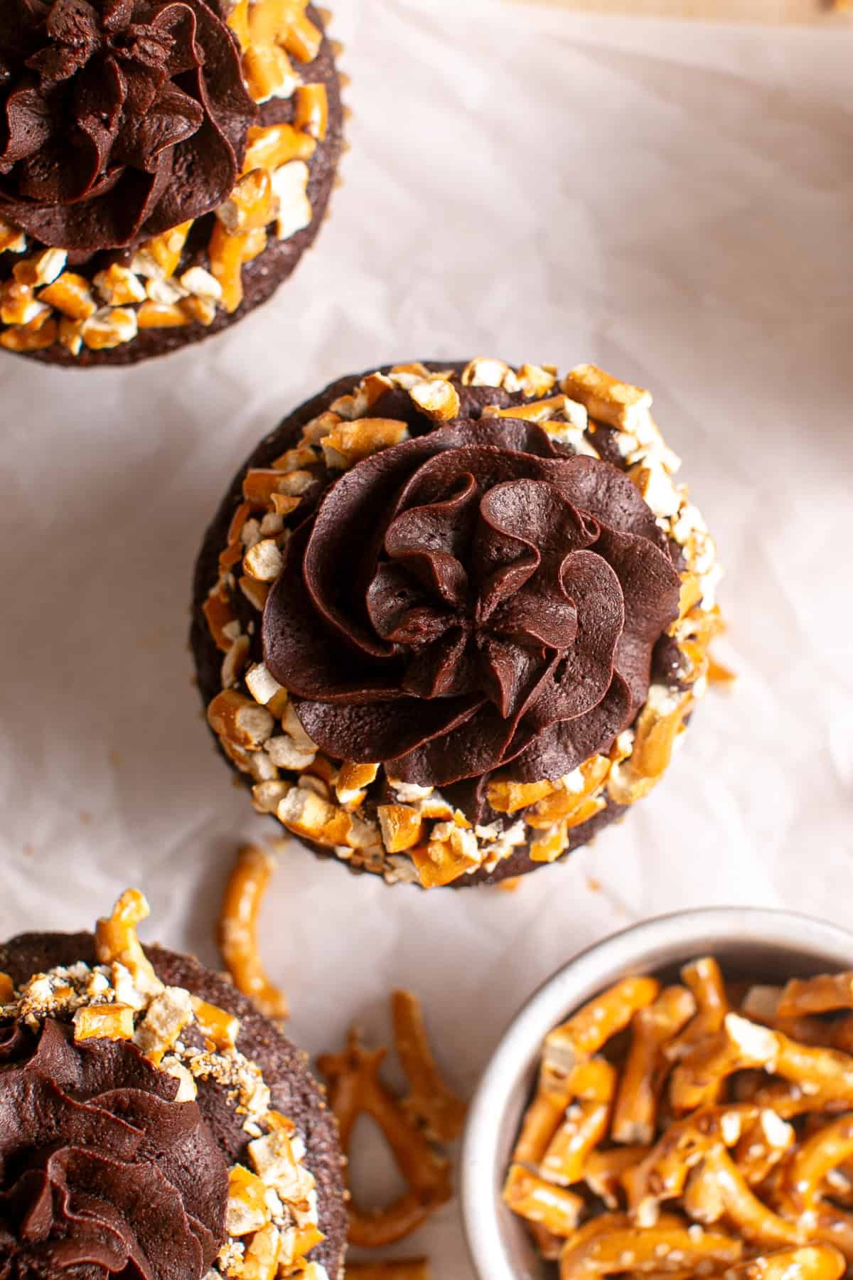 Salted Chocolate Cupcakes with swirled frosting.