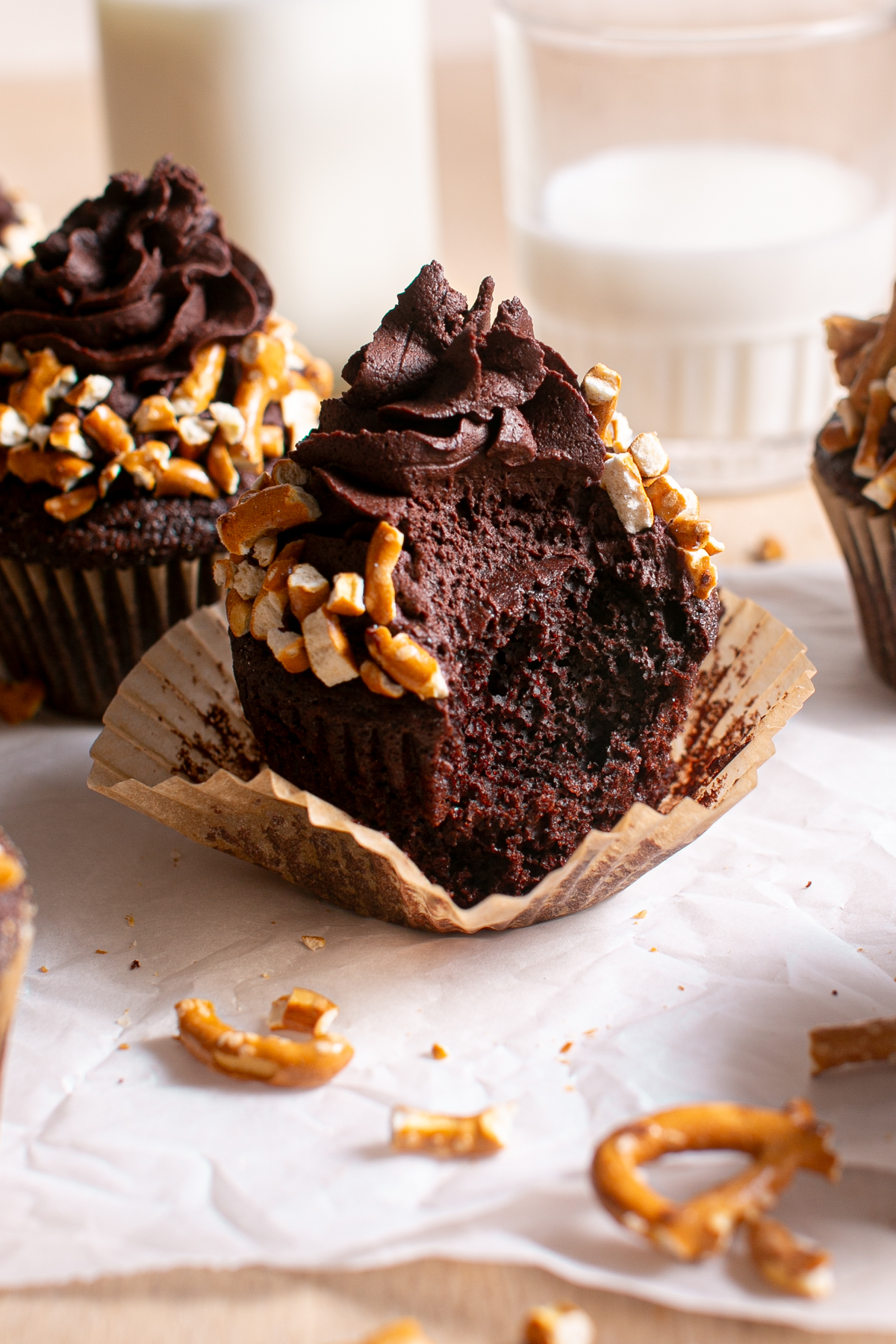 Salted Chocolate Cupcakes with the wrapper unwrapped. 