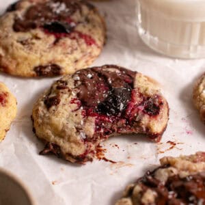 Dark Chocolate Cherry Cookies with a glass of milk.