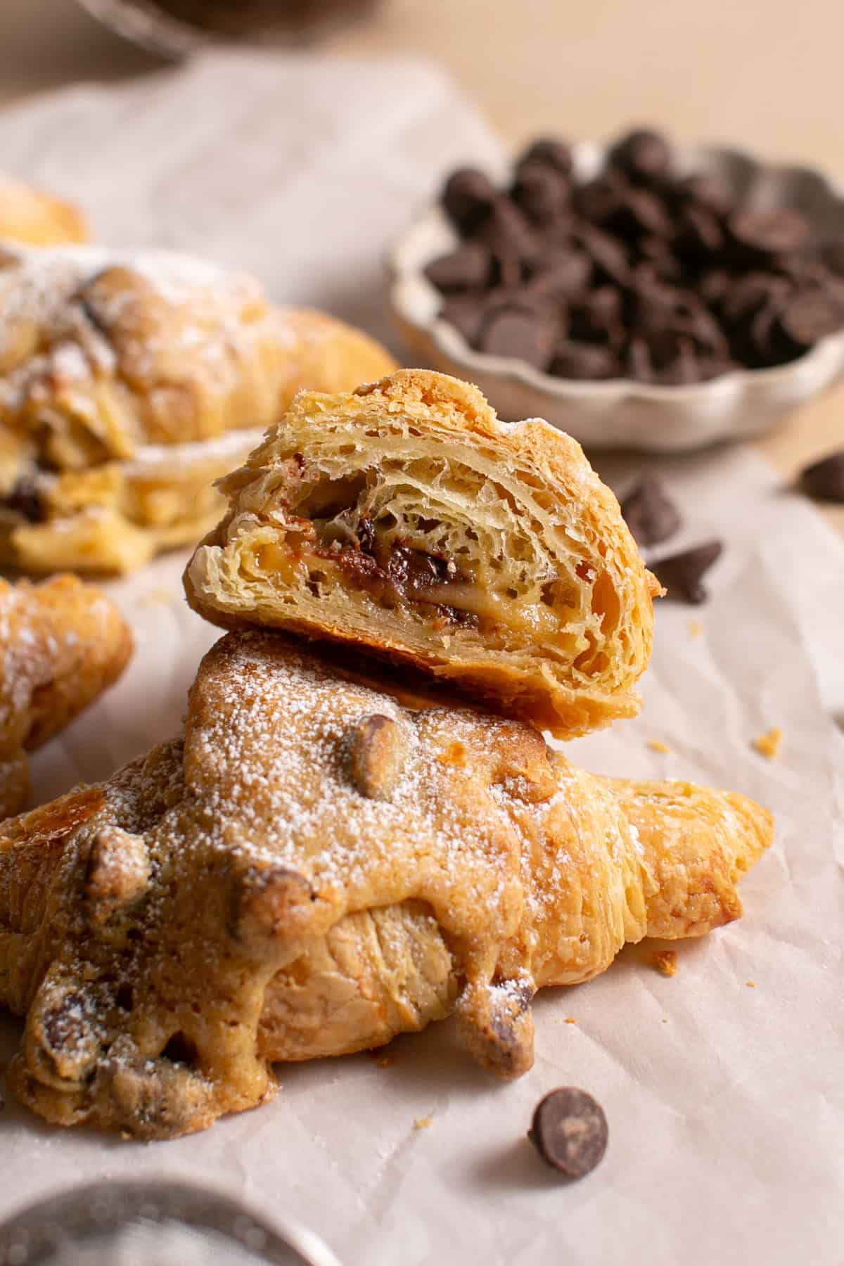 Chocolate Chip Cookie Croissant cut in half.