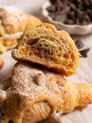 Chocolate Cookie Dough Croissants with chocolate chips.