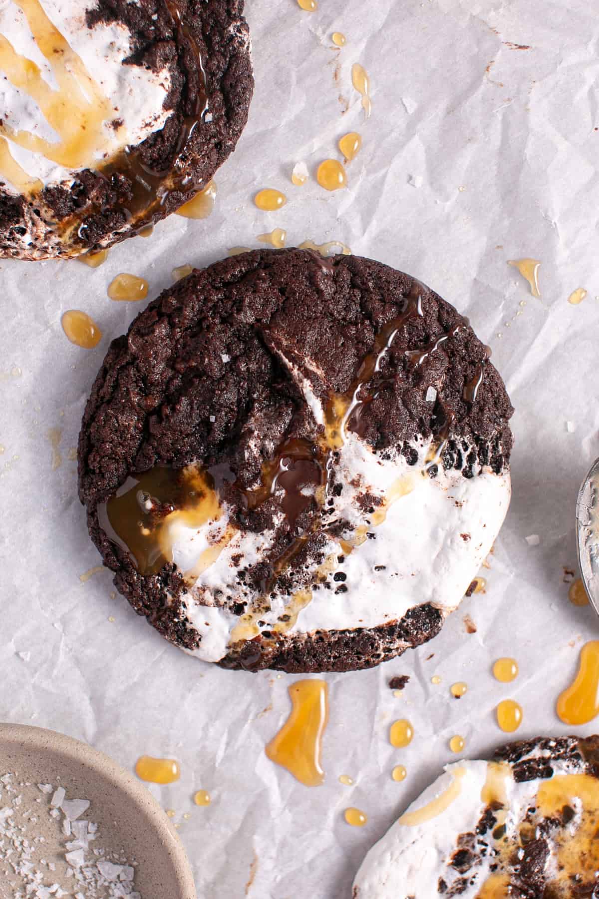 Chocolate Marshmallow Cookies on parchment paper 