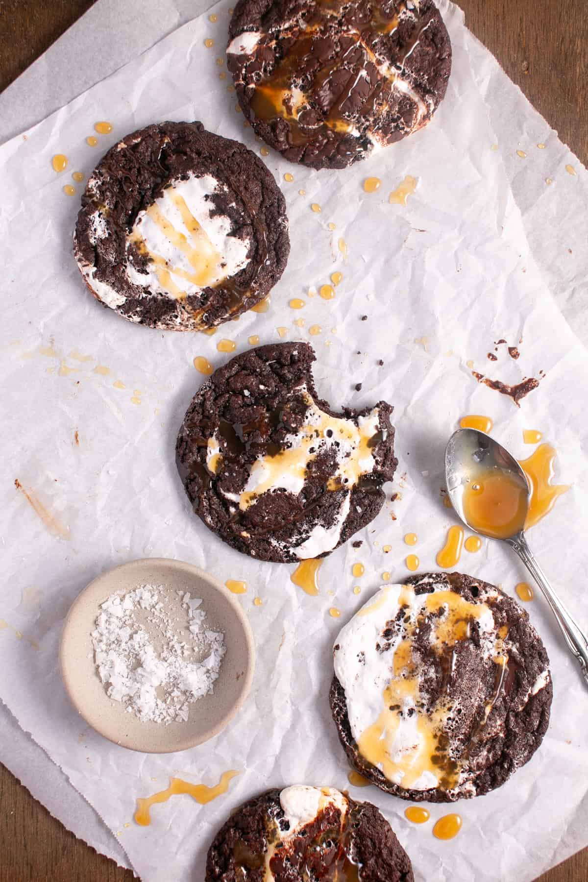 Chocolate Marshmallow Cookies with a spoonful of caramel. 