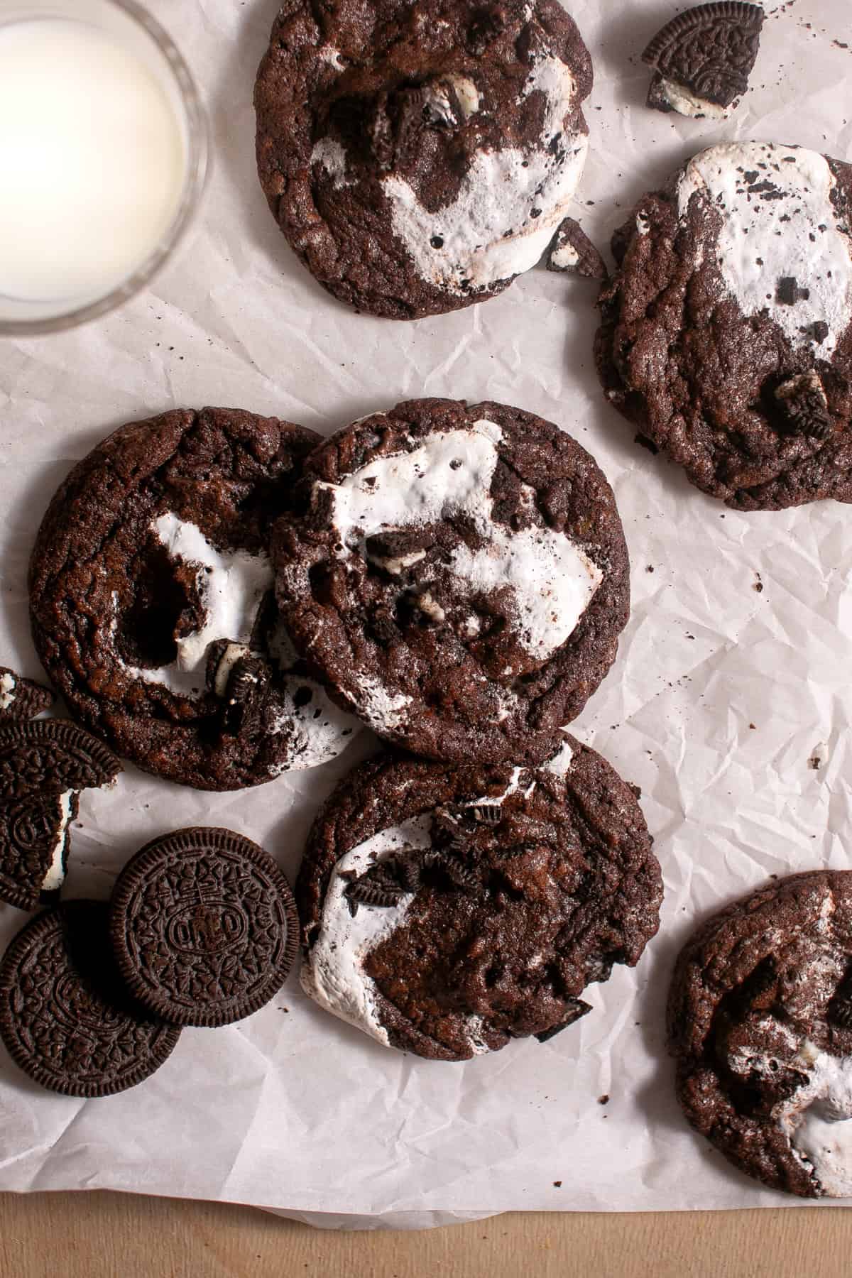 Minty Chocolate Marshmallow Cookies on a piece of parchment paper. 