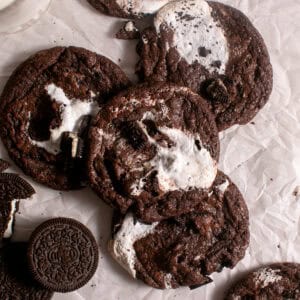 Minty Chocolate Marshmallow Cookies on a piece of parchment paper.