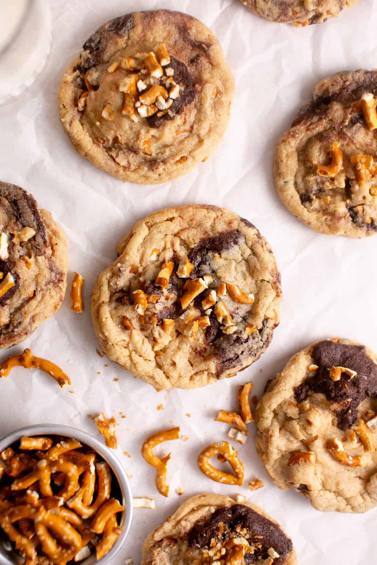 Chocolate Peanut Butter Swirled Cookie on a parchment paper. 