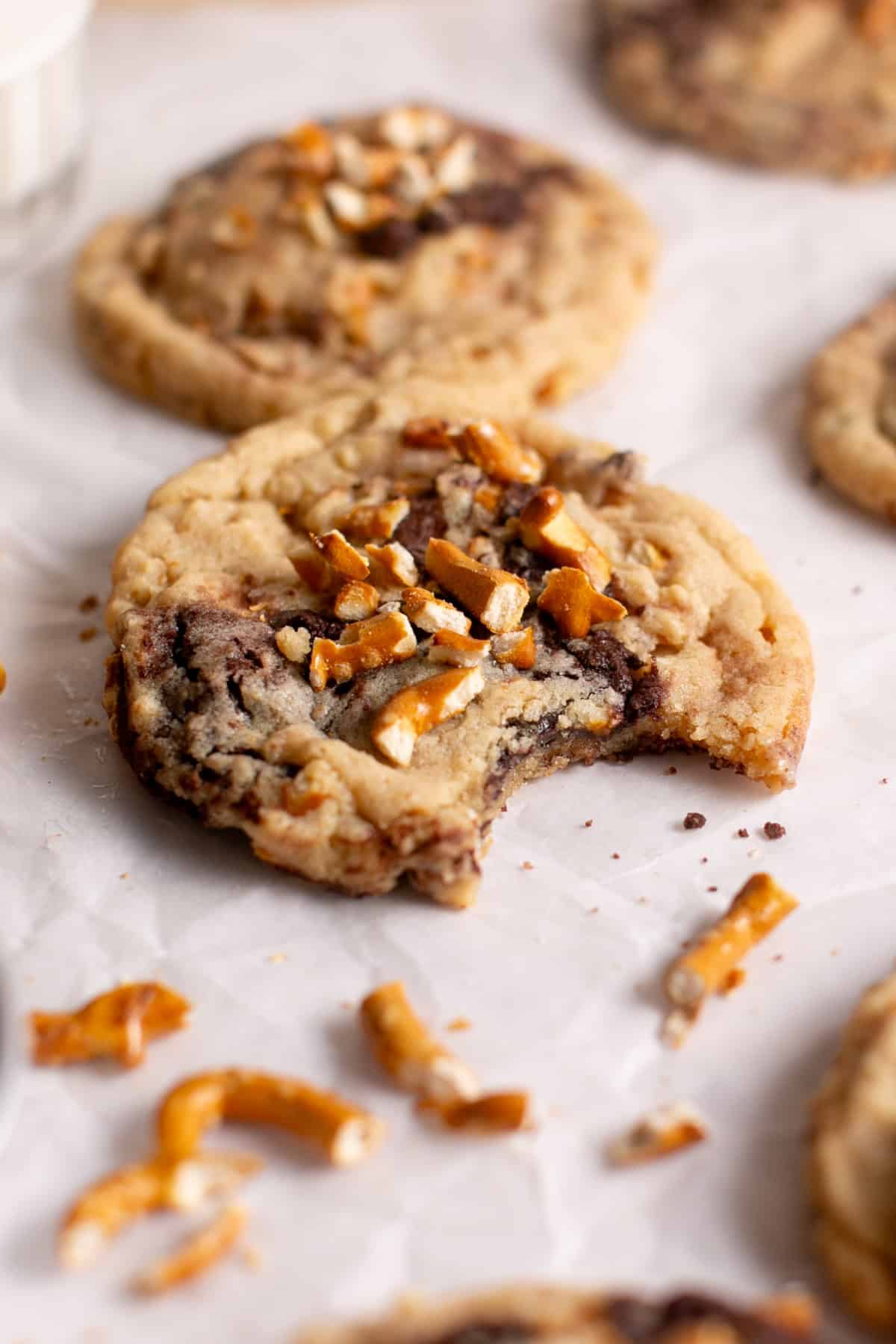 Chocolate Peanut Butter Swirled Cookie with a bite missing. 