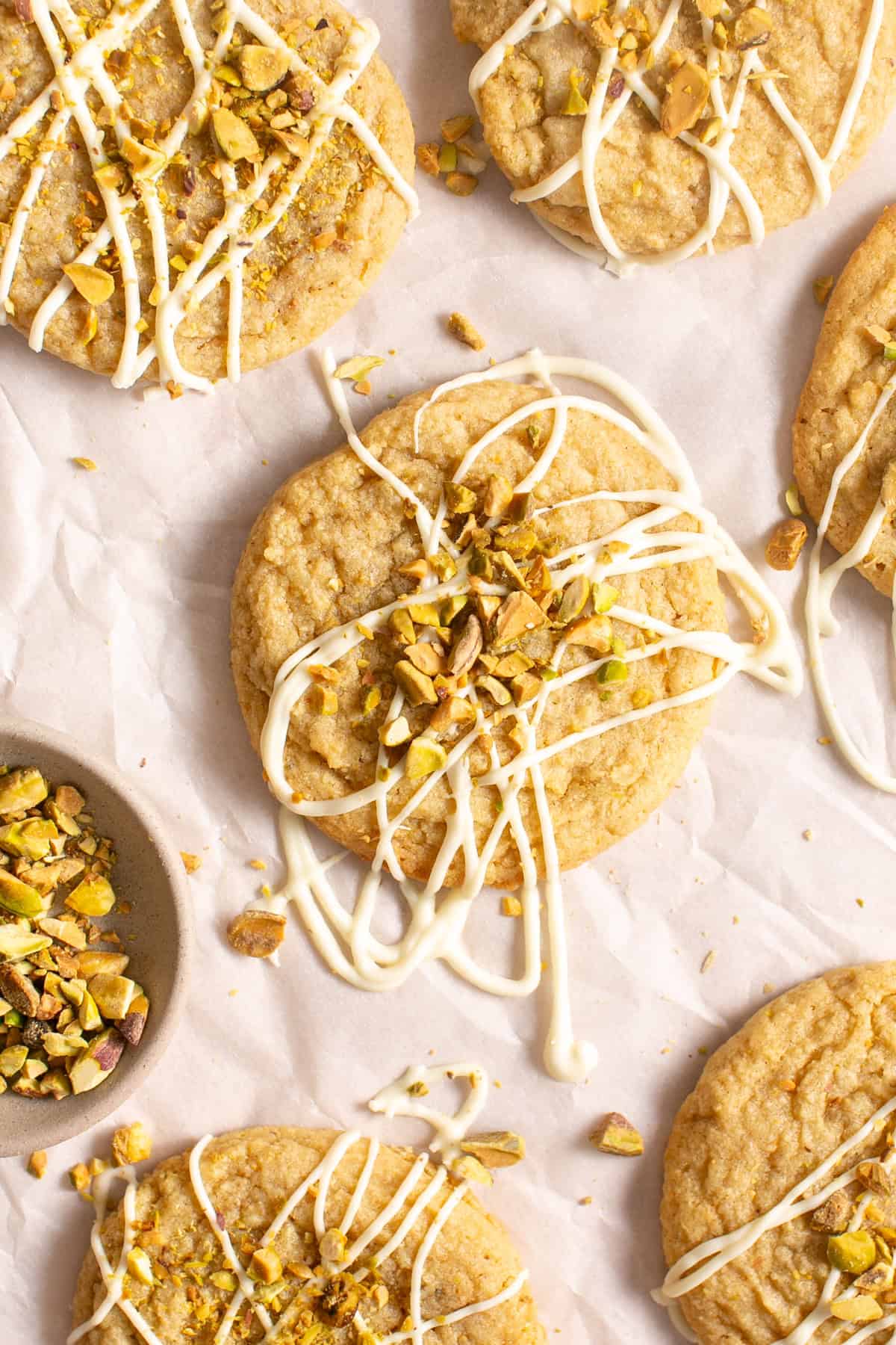 White Chocolate Pistachio Cookies with a drizzle of white chocolate. 