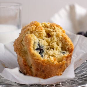 Single Serve Blueberry Muffin with a bite taken out.