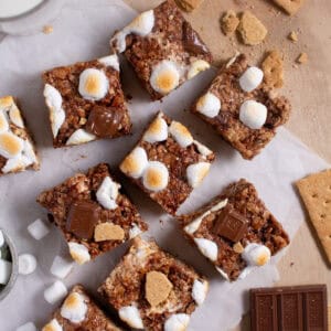 Browned Butter S'mores Rice Krispie Treats on parchment paper.