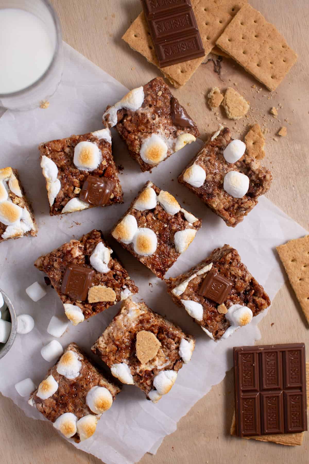 Browned Butter S'mores Rice Krispie Treats cut into squares. 