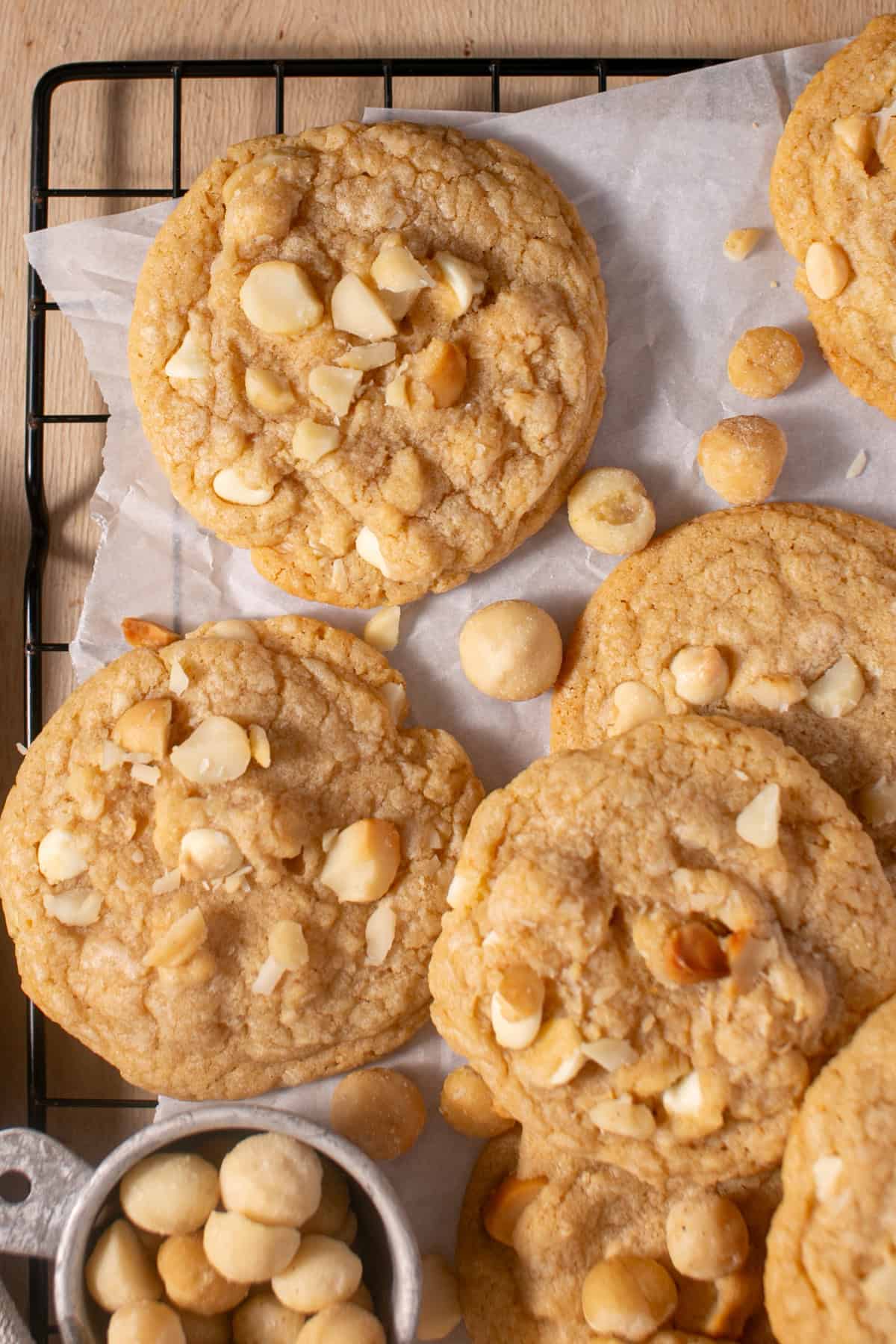 White Chocolate Macadamia Nut Cookies on a cooling rack. 