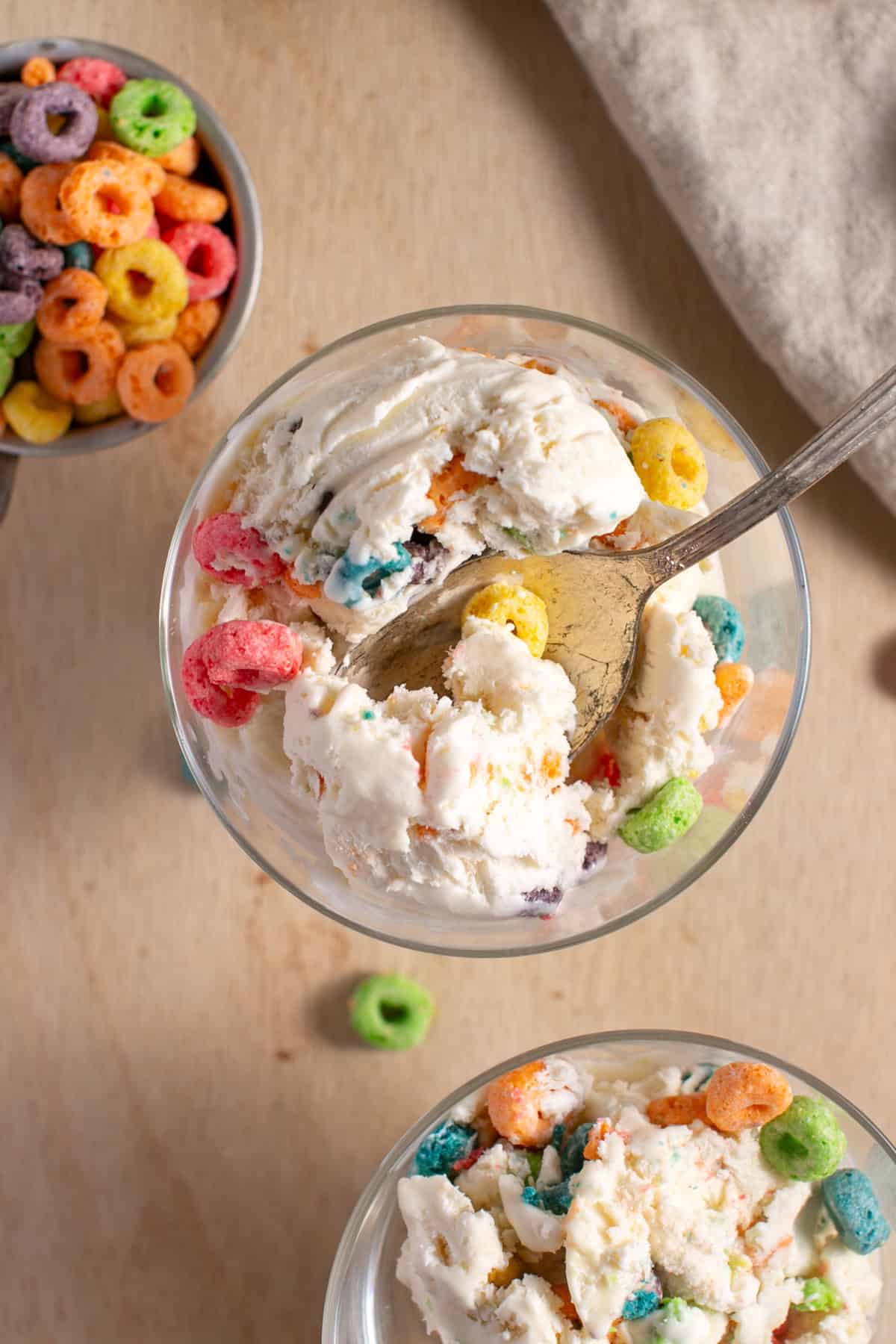 Fruit Loop Ice Cream in a glass serving cup. 