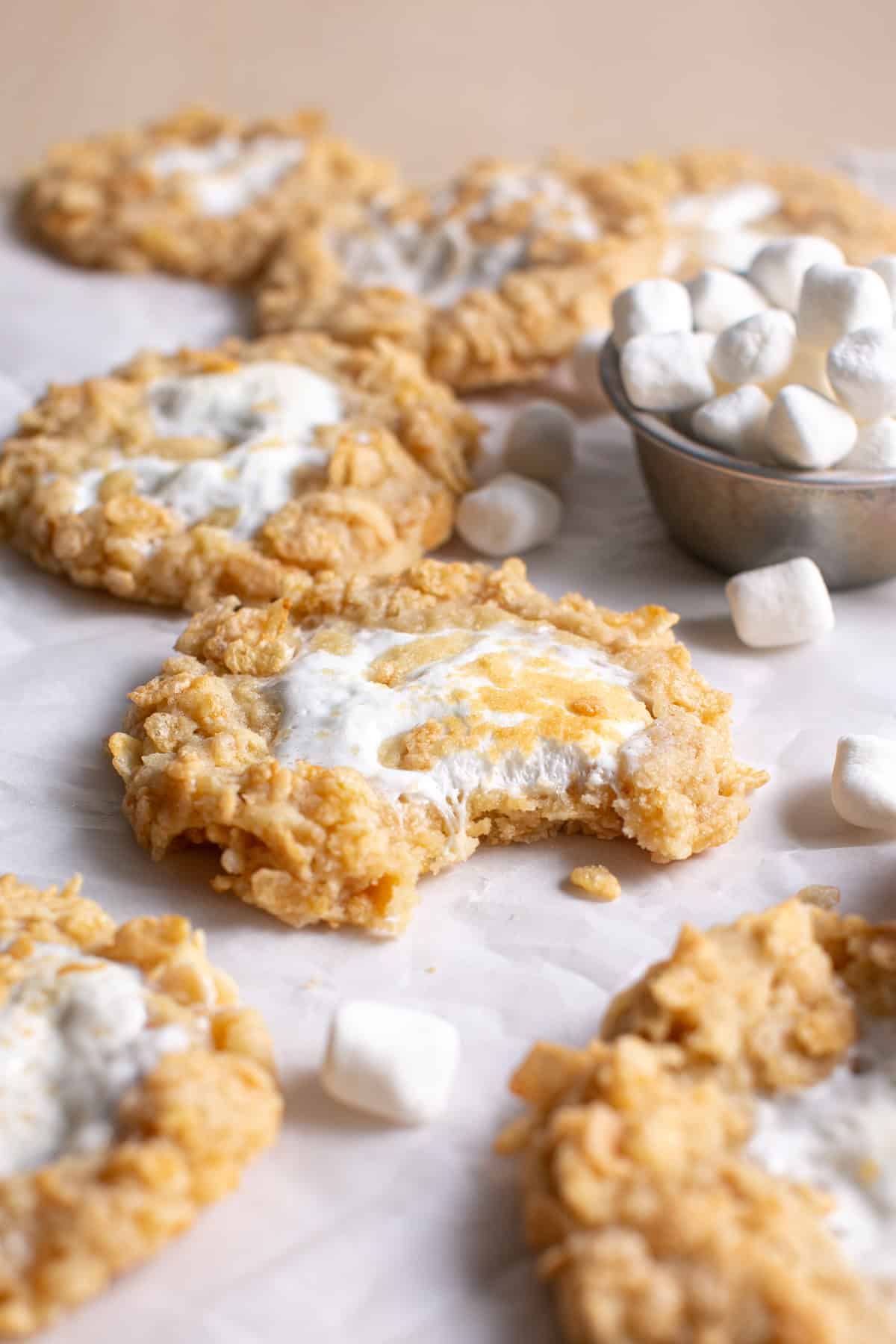 Rice Krispie Treat Cookies with a bite missing. 