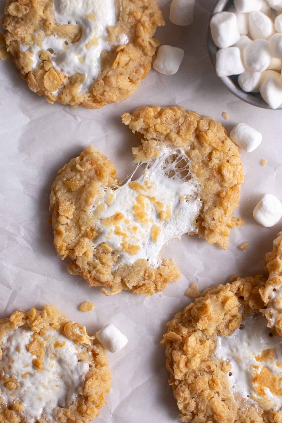Rice Krispie Treat Cookies with a marshmallow pull. 