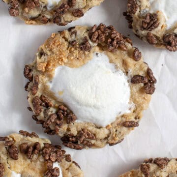 Chocolate Cereal S'mores Cookies on parchment paper.