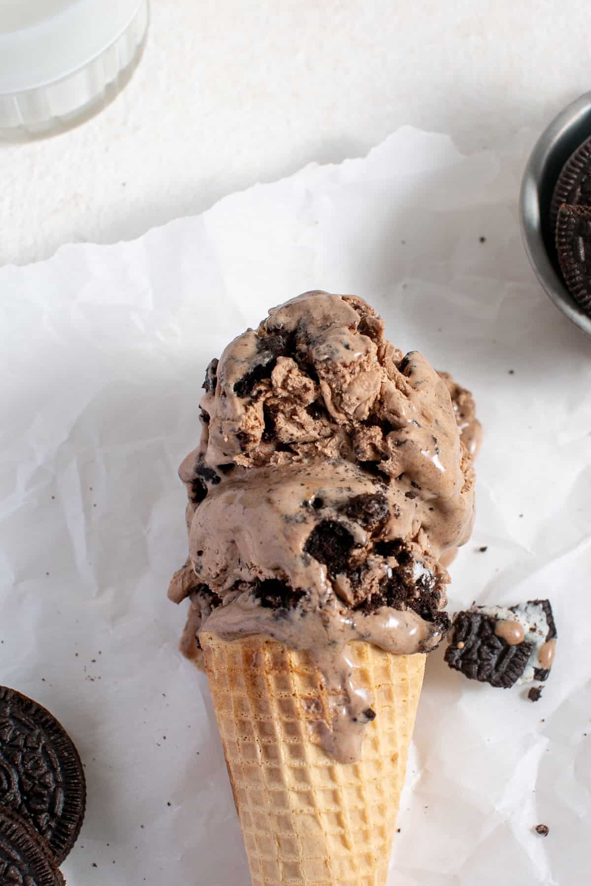 Chocolate Coffee Cookie Ice Cream with a cone.