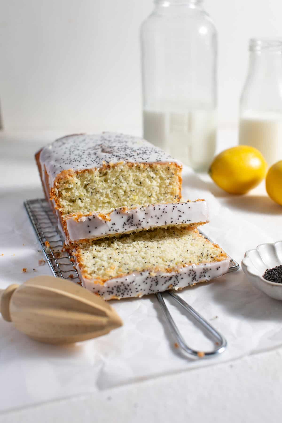 Lemon Poppyseed Loaf with poppyseeds on the top. 