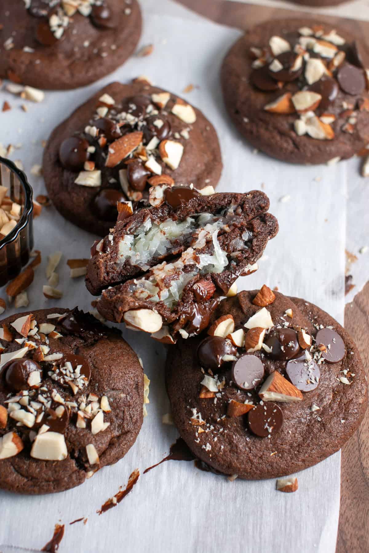 Coconut Chocolate cookies broken in half. 